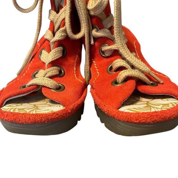 Fly London Yaba Tomato Red Suede Ankle Lace Up Wedges size 36 US 6 - Picture 3 of 9